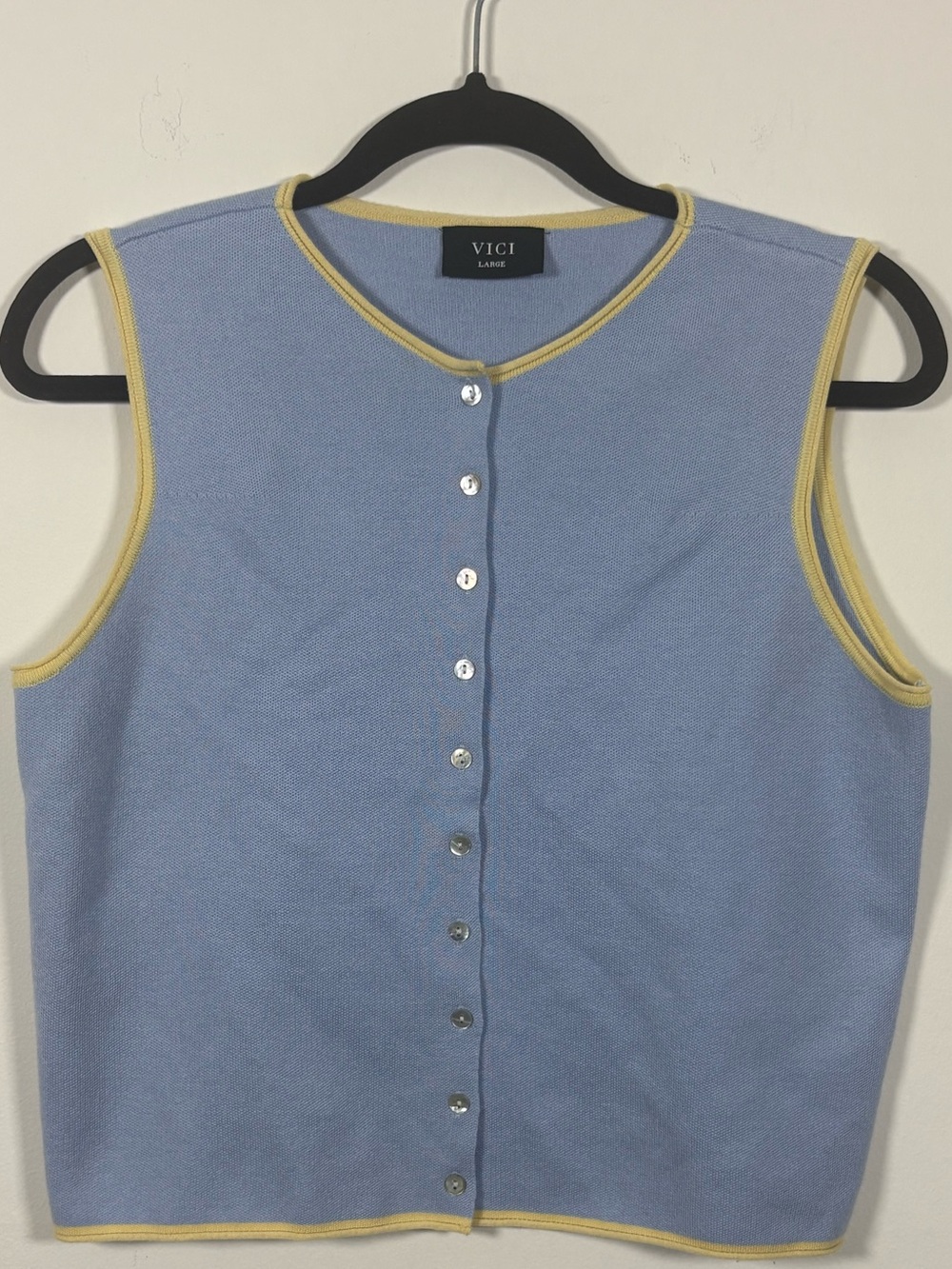 VICI Blue Yellow Contrast Trim Knit Button Vest Top Large